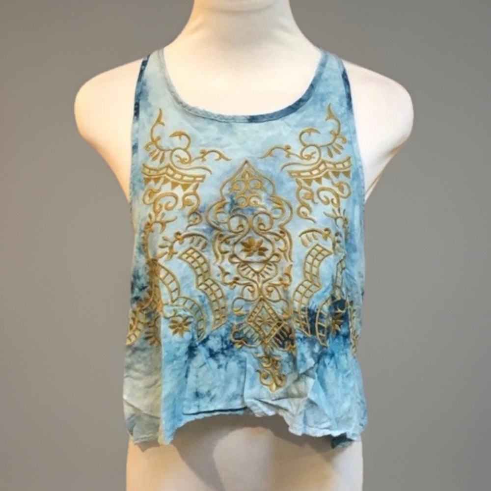 Tied Dye Embroidered Cropped BoHo Hipped Tank Top